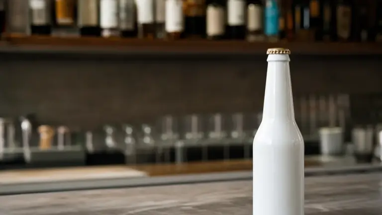 Bouteille de bière blanche sur un comptoir de bar