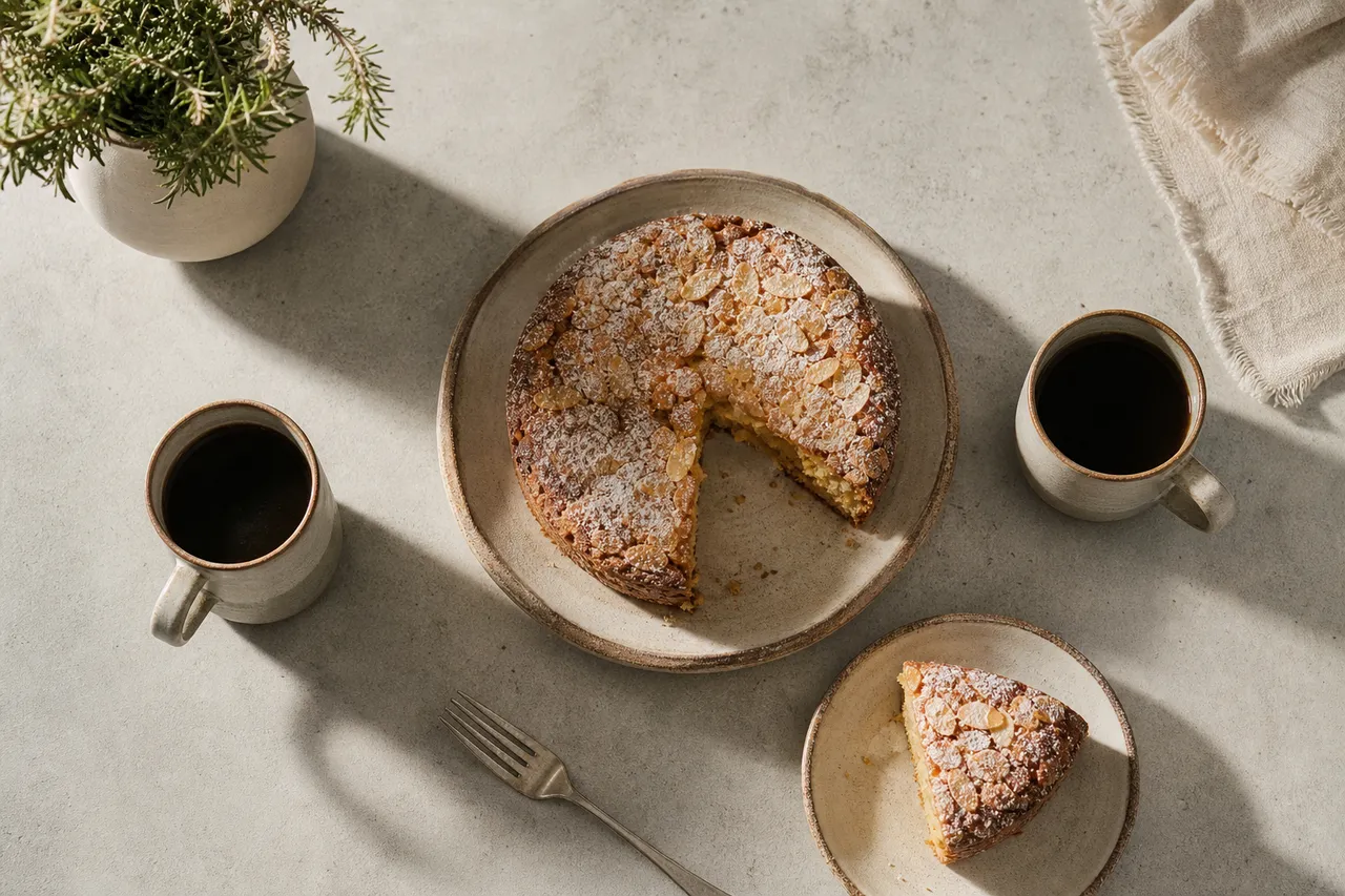 Deux cafés et un gâteau partagé sur la table de la cuisine
