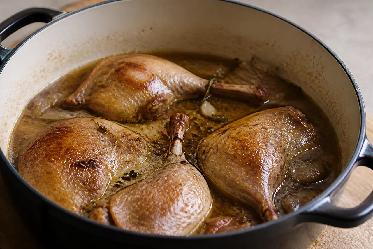Cuisses de canard à la cocotte mijotant dans leur jus