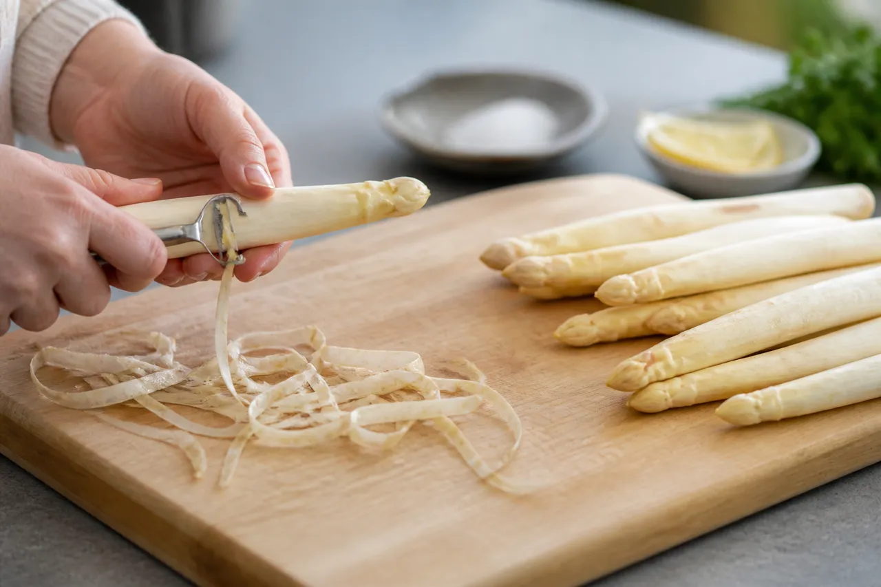 Épluchage des asperges blanches avant cuisson au Cookeo