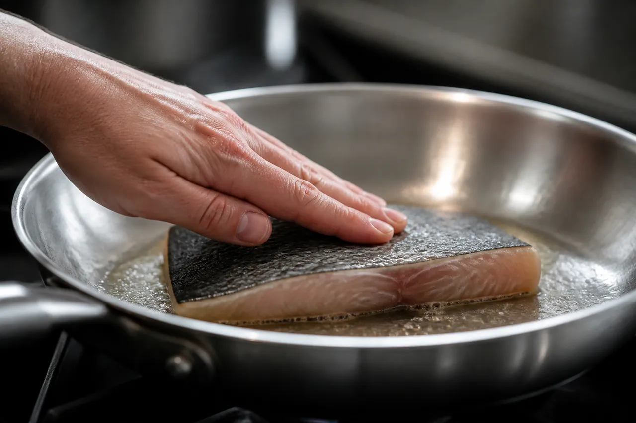 Filet de dorade coryphène côté peau dans la poêle