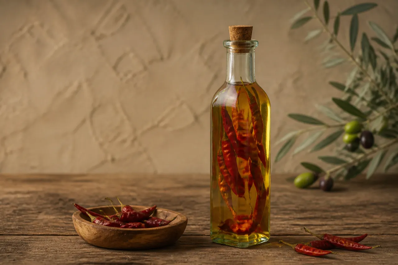 Bouteille d'huile pimentée avec piments séchés et ail