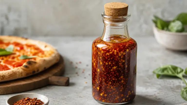 Bouteille d'huile pimentée maison à verser sur une pizza