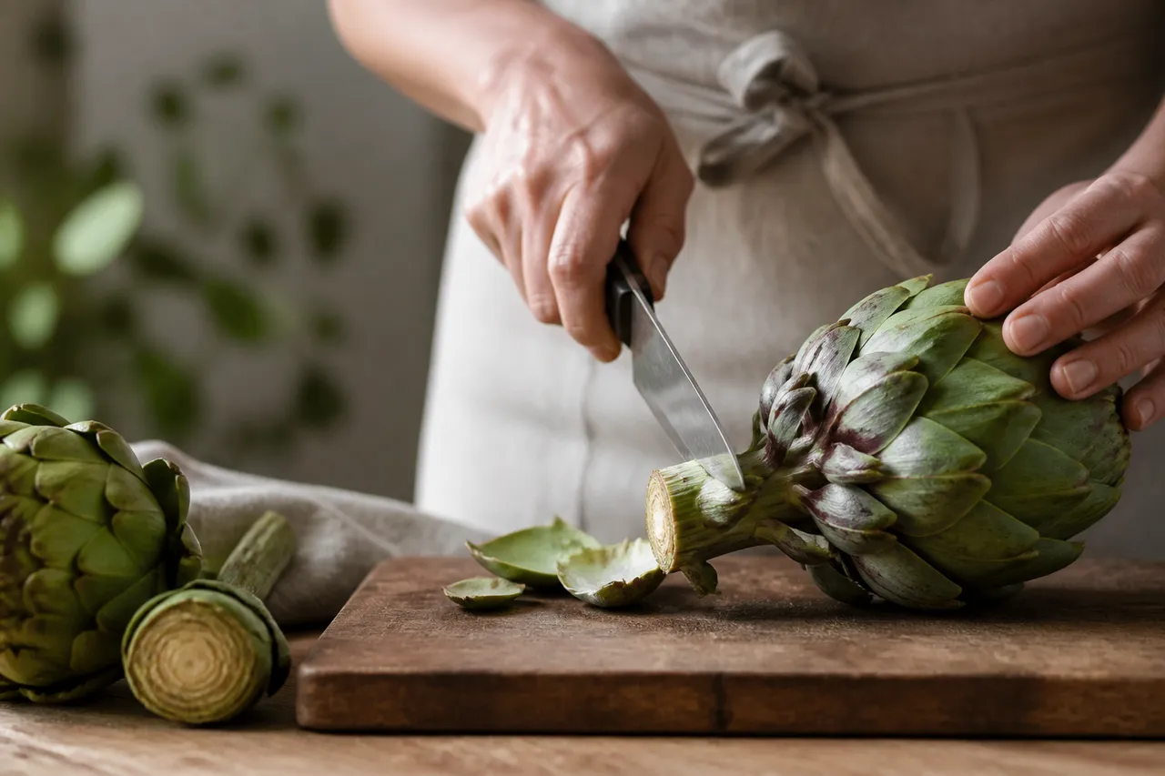 Préparation d'un artichaut à la cocotte-minute avant cuisson